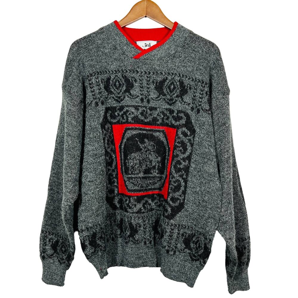Vintage 80s Jed Cowl Neck Sweater Long Sleeve Grey Red Black Grandpa Knit - XL